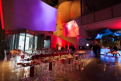 Atrium lobby plated dinner with video-mapping projection.