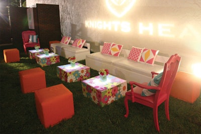 Spring patterned tables and pillows for custom outdoor lounge