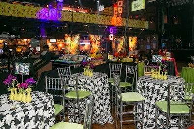 Some tables were swathed in houndstooth-patterned linens.
