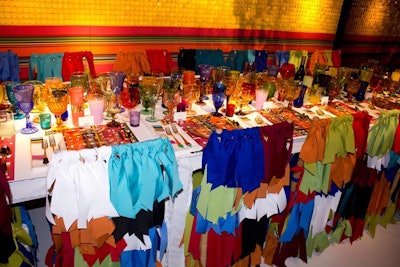 A colorful array of glassware and shag chairs completed the look of Sunbrella's dining space.