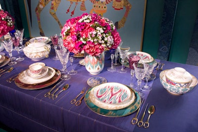 As part of its tablescape, Hermès debuted brand-new Ikat-patterned porcelain dinnerware.