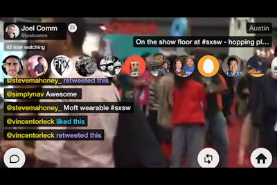 At South by Southwest, speaker, author, and consultant Joel Comm hosted several broadcasts on Meerkat. A small profile photo of anyone watching the stream appears across the top of the screen and comments appear down the left-hand side.