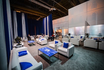 A sleek blue-and-white lounge effectively used the colors of Israel’s flag.