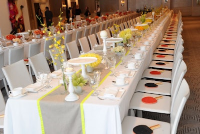 For Ruinart Champagne's afternoon tea and auction at the London in Los Angeles in October 2011, event planner Jes Gordon modernized high tea with white linens topped with khaki runners trimmed in bright, neon borders. Ping-pong paddles served as auction paddles.
