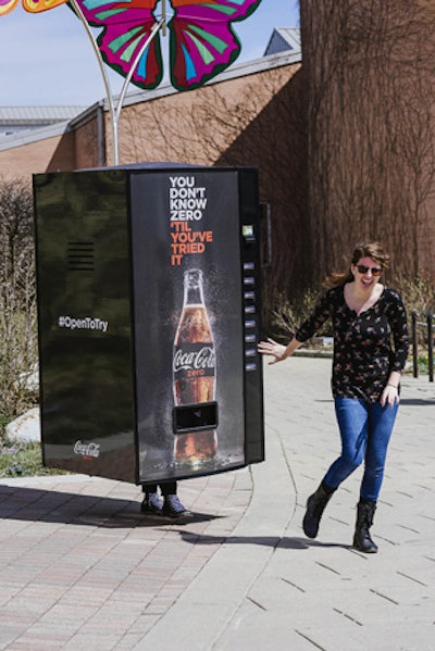 Throughout Indianapolis, people dressed as Coke Zero vending machines rewarded passersby with free Coke Zero.