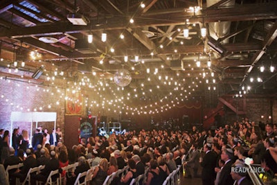 Ceiling Lights and Full Ceremony Shot of Wedding at Brooklyn Bowl