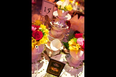 Stacks of teacups and flowers formed clever centerpieces for the Daffodil Ball at the historic Windsor Station in Montreal in April 2012. The Alice in Wonderland-inspired gala featured an upscale version of the popular theme.