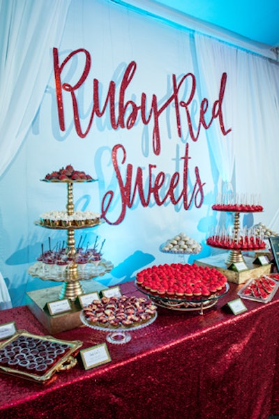 An all-red assortment of desserts recalled the ruby slippers from The Wizard of Oz.