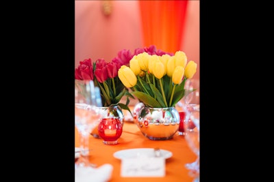 Flower arrangements comprised bright clusters of tulips.