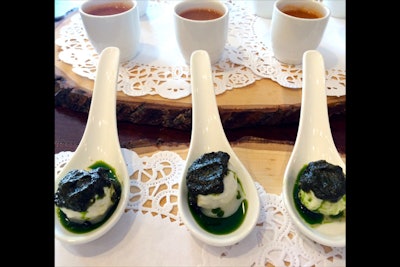 New York-based JPO Concepts' catering team uses Bigelow Tea's Novus collection to craft creative hors d'oeuvres, including fresh burrata cheese served with mint tea pesto.