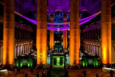 The National Building Museum is enhanced with special event lighting.