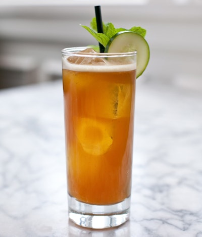 For post-meeting crowds in the summertime, beverage director Matt Tocco of Merchants restaurant in Nashville, which is within walking distance of the city’s convention center, serves a Pimm’s Cup made with Pimm’s No. 1 liqueur, Pennington’s Strawberry Rye Whiskey, lime, cucumber, mint, and soda water.