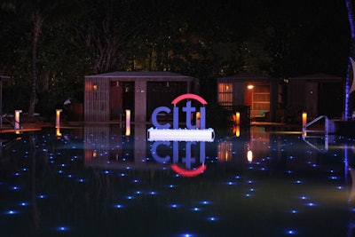 Event production included a floating version of sponsor Citi's logo set up in the pool at the W South Beach. Hundreds of small blue lights illuminated the pool and also nodded to Citi's corporate colors.