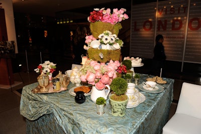 Shoppers sipped free cups of tea at Visit London's 'Only in London' pop-up inside New York City's Time Warner Center in March 2010. Event production company Retail Md designed a food display with traditional teatime treats, along with a lush floral arrangement.