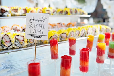 At the same sweet sixteen, a custom-designed raw bar with assorted sushi push pops caught the attention of the younger crowd and provided an innovative twist on the standard hors d’oeuvre.