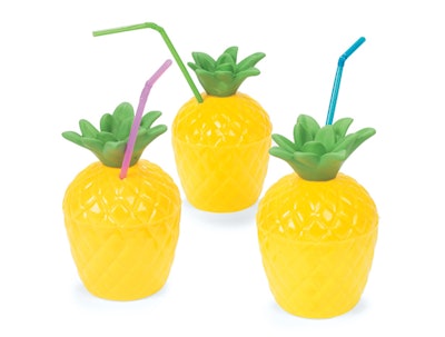 Instead of glassware, consider festive, non-breakable acrylic or plastic cups like the colorful pineapple ones from Oriental Trading ($20.50 per dozen).