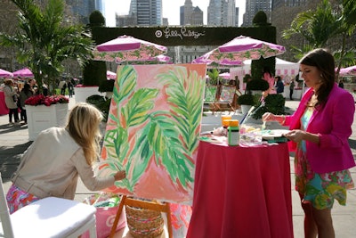 A Lilly Pulitzer watercolor artist painted the scene at the space, capturing the party in the park—all done in Lilly’s classic color palette.