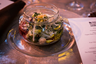 Windows Catering served a first course “ecosystem” in a glass vessel with Maine lobster, Atlantic blue crab, sea beans, green and red seaweed, tomato “sponges,” and olive oil caviar with a citrus vinaigrette.