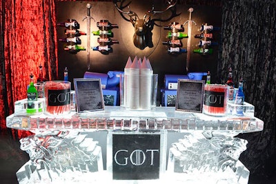 For HBO’s Game of Thrones premiere, party-goers were treated to shaved ice cones flavored with custom branded syrups inspired from the show. Flavors such as Dragon’s Blood, White Walker, and Night’s Watch were served from a 10-foot, hand-carved ice bar complete with a faux taxidermy back bar display designed by Invision Events.