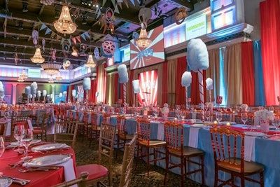 Instead of traditional floral centerpieces, designer Bill Fulghum decked tables with giant pieces of cotton candy.