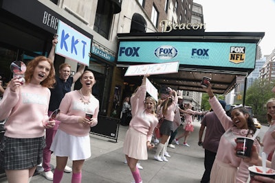 A promotion for Scream Queens saw girls in pink sweatshirts hand out packs of bubblegum to attendees of Fox's upfront presentation.