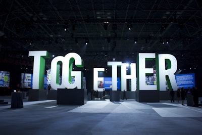Fifteen-foot letters spelled out “Together,” the evening’s theme. The letters were staggered throughout the center of the room, but “the idea from David Stark is that you walk into that room and regardless of where you are the ‘together’ phrase is intact,” said Lindsay Carroll, one of the event’s producers.