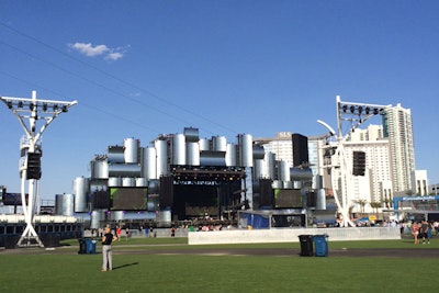 The speakers fit the festival's high-design look: The white towers match other infrastructure like the zip line tower, as does their curving shape.