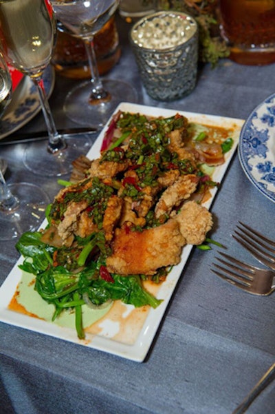 The dinner was created and prepared by James Beard Foundation Award winner Stephanie Izard, a Chicago-based chef. The second course was Taiwanese fried chicken.