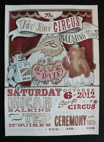 Invitations are straying from more classic designs to embrace quirkier patterns and themes. For a “sci-fi circus”-theme commitment ceremony, designers Arley-Rose Torsone and Morgan Calderini of Ladyfingers Letterpress in Black Forest, Colorado, created an invitation design featuring funky hand-drawn characters.