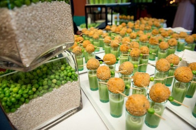 Along with drinks, the reception offered bites from James Beard Award-winning chefs. Melissa Kelly, representing Primo Restaurants Ltd. in Maine, served up an appetizer dubbed Risi e Bisi, which was lobster and wild mushroom arancini atop a shot of sweet pea soup.
