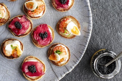 Beetroot Salmon Blinis and Quail’s Egg, Crayfish, and Caviar Blini