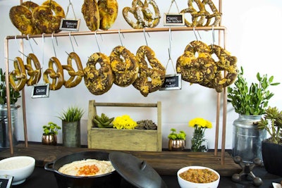 Paramount Catering and Events in Chicago offers whimsical pretzel ­stations. The pretzels hang on stands, and guests dip them in sauces, including whole-grain mustard and tomato-bacon jam.