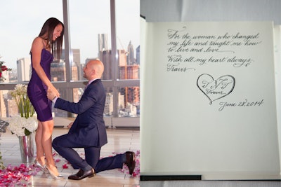 For a surprise proposal, held at Trump Soho's SoHi space, a newly engaged fiancé selected love poems that celebrated the couple's relationship to decorate the dining table.
