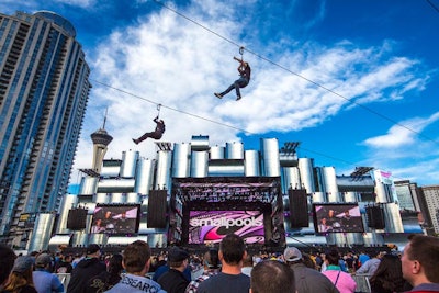 The zip line operated to capacity over the first weekend, propelling more than 2,000 festivalgoers 64 feet high above the main stage.