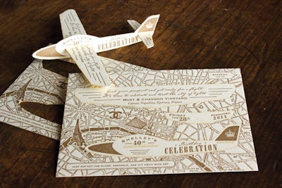 For a 40th birthday bash in France, the designers of Ladyfingers Letterpress made a one-of-a-kind laser-cut invite that could be assembled into a real paper airplane. The invites also included a map of Paris, complete with markers identifying landmarks, such as Chanel headquarters, the Louvre, and the Eiffel Tower. “Invitations offer a sneak peek of what’s to come,” says Sarah Schwartz, editor in chief of Stationery Trends magazine and editor of the Paper Chronicles, who sees a trend towards more personalization and away from cookie-cutter cards.