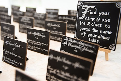 At a wedding by Brilliant Event Planning, guests were challenged to match the clues on their escort cards to a table chart, which listed different places that were significant to the couple’s relationship.