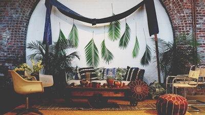 Boho Lounge Made Up with Our Batika Sofa Mud Cloth Pillows and Poufs