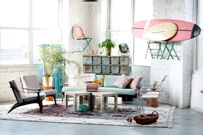 Mod Summer Lounge Using our Brady Sofa Liam Chairs and Surfboards at Patina Studio