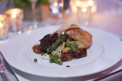 The entrée was pan-seared filet of beef and blackened miso cod with potato and fennel gratin, spring vegetable succotash, and red miso sauce. Ingredients were culled from local farms including Slagel Family Farms, Nichols Farm & Orchard, and Stewards of the Land.