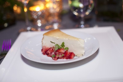 Dessert was Eli's Cheesecake with seedling strawberries and poached rhubarb from the Ellis Family Farm in Michigan.
