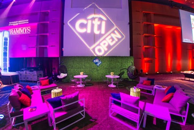 Citi Open returned as a sponsor with a red, white, and blue lounge and its signature tennis ball decor in wire buckets on the tables and adorning the base of the coffee tables.