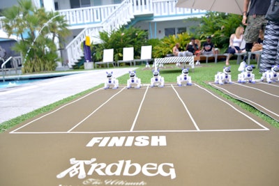 Guests raced robot dogs, which were avatars of Ardbeg mascot Shortie—a Jack Russell terrier that lives at the distillery in Islay. The idea was a futuristic spin on the competitive field-day-style games that traditionally take place on Ardbeg Day in Scotland.