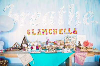 A dessert table was decked with colorful linens and signage that inspired guests to relax and 'breathe.'