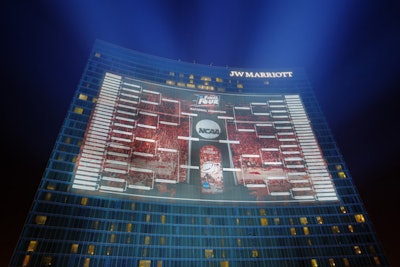 A giant 16-story bracket designed and built by Sports Graphics earned the world record for largest sports bracket. The bracket was mounted on the JW Marriott Indianapolis downtown during the N.C.A.A. Men’s Basketball Tournament in March and April of this year. The bracket was updated every Monday with tournament results.