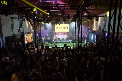 A scoreboard centrally located behind the DJ booth not only afforded Adidas the opportunity to post the score and time left on the clock, but also brand messages promoting the shoes.