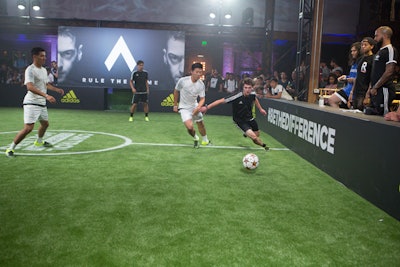 Adidas's campaign slogans for the cleats decorated the field where soccer club players competed and performed tricks for guests seated on bleachers. A tournament within the tournament saw influential sneaker bloggers slip into the cleats and take to the field, as well.