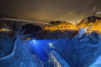 A dramatic view from the dam, looking downriver towards the projectors