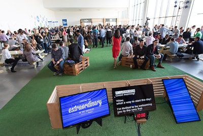 In New York, the main stage area designed to look like a park was covered in Astroturf. The theme of the day, 'Finding the Extraordinary in the Ordinary,' was meant to illustrate what Facebook marketing pro Erica Bryndza called 'extraordinary insights that help power advertising on Facebook.'