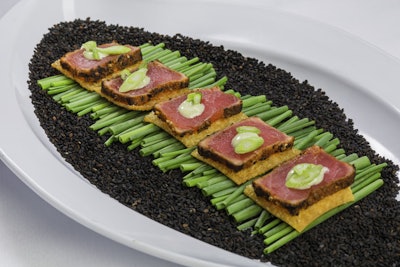Seared Tuna Tataki with Wasabi Foam on Wonton Plank