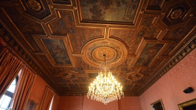 Polychrome coffered wooden ceiling of the Salon Rose